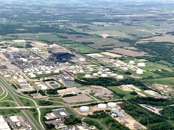 High angle view of townscape against clear sky