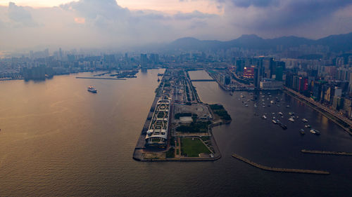 High angle view of commercial dock in city