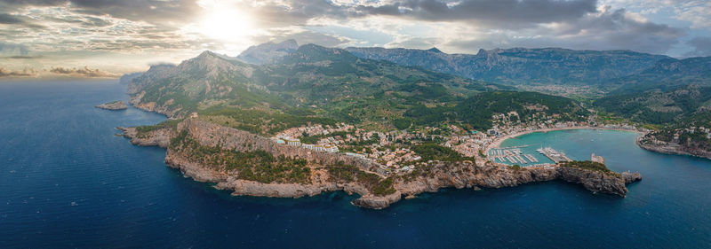 Aerial view of the luxury cliff house hotel on top of the cliff on the island of mallorca.