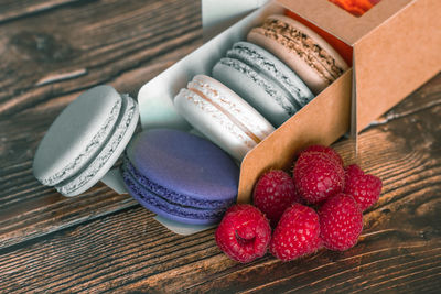 High angle view of strawberries on table