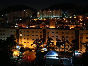 Illuminated buildings in city at night