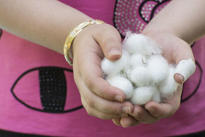 White silkworm cocoons shell on young girl's hand, source of silk thread and silk fabric