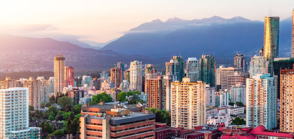 High angle view of cityscape against sky during sunset