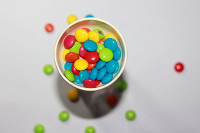 High angle view of multi colored balls on table