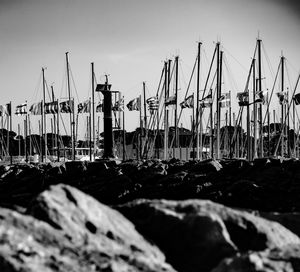 Sailboats moored in harbor against sky