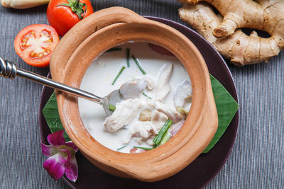 High angle view of food in bowl on table