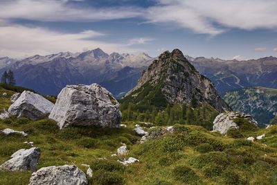 Scenic view of rocky mountains against sky