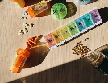 High angle view of bottles on table