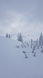 Scenic view of snow covered land against sky