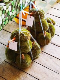 High angle view of durian on table