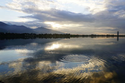 Scenic view of lake against sky during sunset