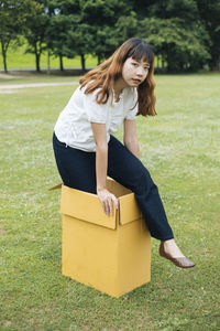 Portrait of young woman standing in cardboard box