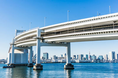 Modern buildings by sea against clear blue sky