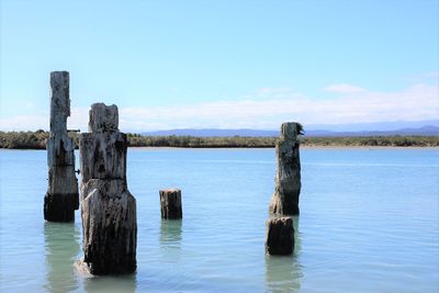 Wooden posts in lake against sky