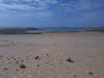 Surface level of beach against sky