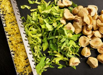 High angle view of chopped vegetables in container