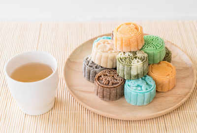 High angle view of dessert on table