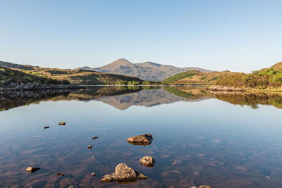 A landscape photography of loch scalpaidh with a sunrise light and a blue sky