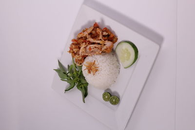 High angle view of food served on table