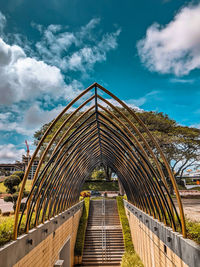 Footbridge over footpath against sky