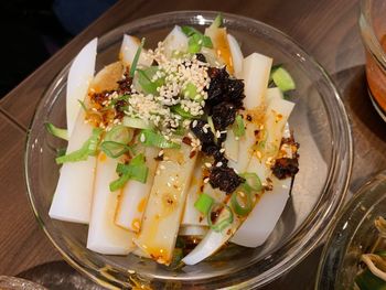 High angle view of food in plate on table