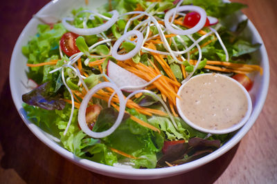 High angle view of meal served on table