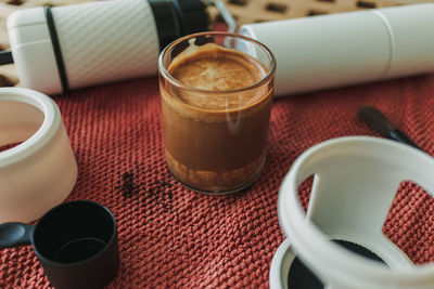 High angle view of coffee on table