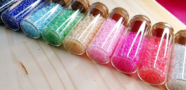 High angle view of bottles on table