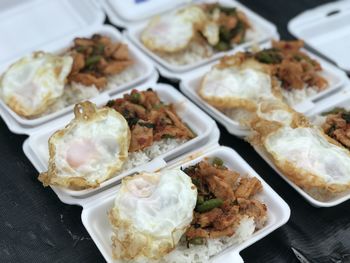 High angle view of food served on table