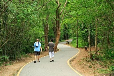 Rear view of woman walking on footpath in forest