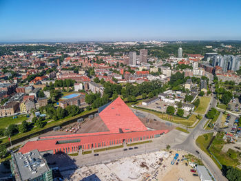 High angle view of townscape against clear sky