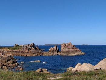 Scenic view of sea against clear blue sky