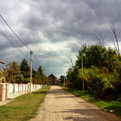 Empty road along trees and houses against cloudy sky