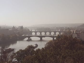 Bridge over river in city against clear sky