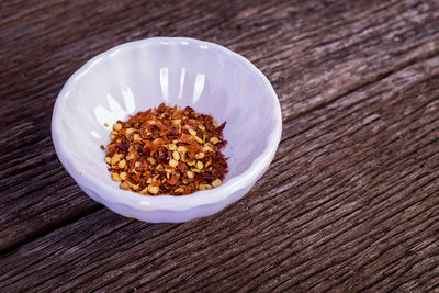 High angle view of rice in bowl on table