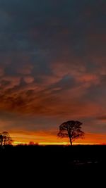 Silhouette trees on field against romantic sky at sunset