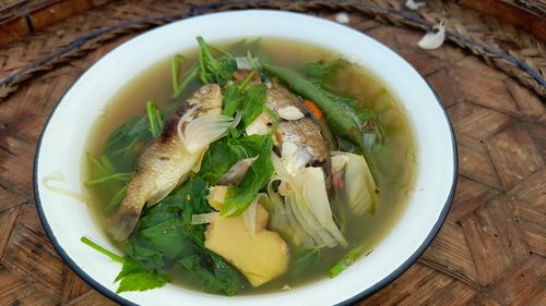 High angle view of soup in bowl on table