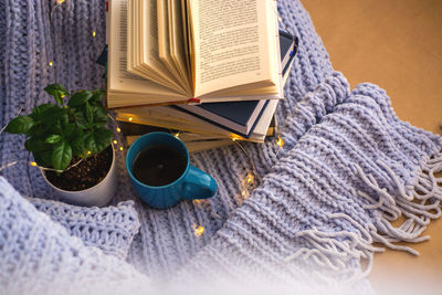 High angle view of coffee on table