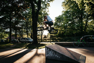 Man riding bicycle on plants