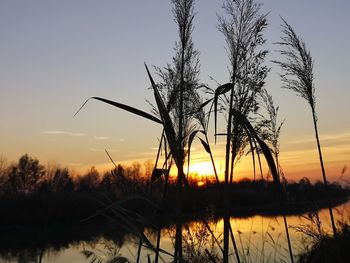 Silhouette bare trees by lake against romantic sky at sunset