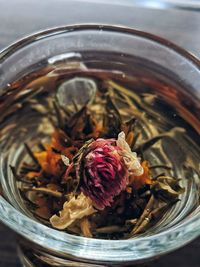 High angle view of ice cream in bowl on table