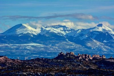 Scenic view of snowcapped mountains against sky