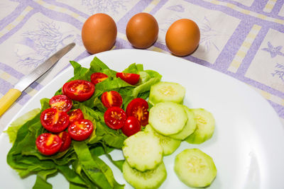 High angle view of breakfast served on table