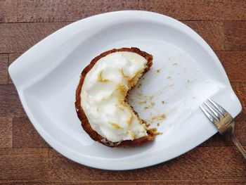 High angle view of dessert in plate on table