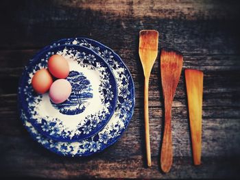 High angle view of food on wooden table