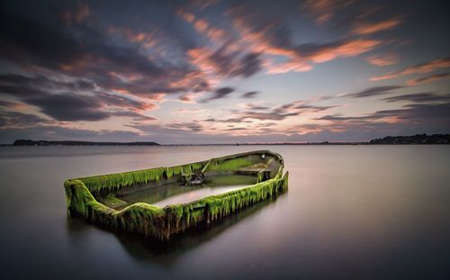 Moss grown boat on river against sky