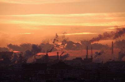 Smoke emitting from chimney against sky during sunset