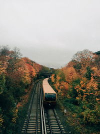 Railroad tracks amidst trees against clear sky