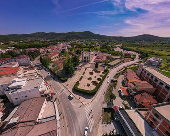 High angle view of cityscape against sky