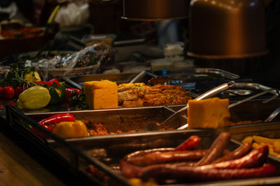 High angle view of food on barbecue grill